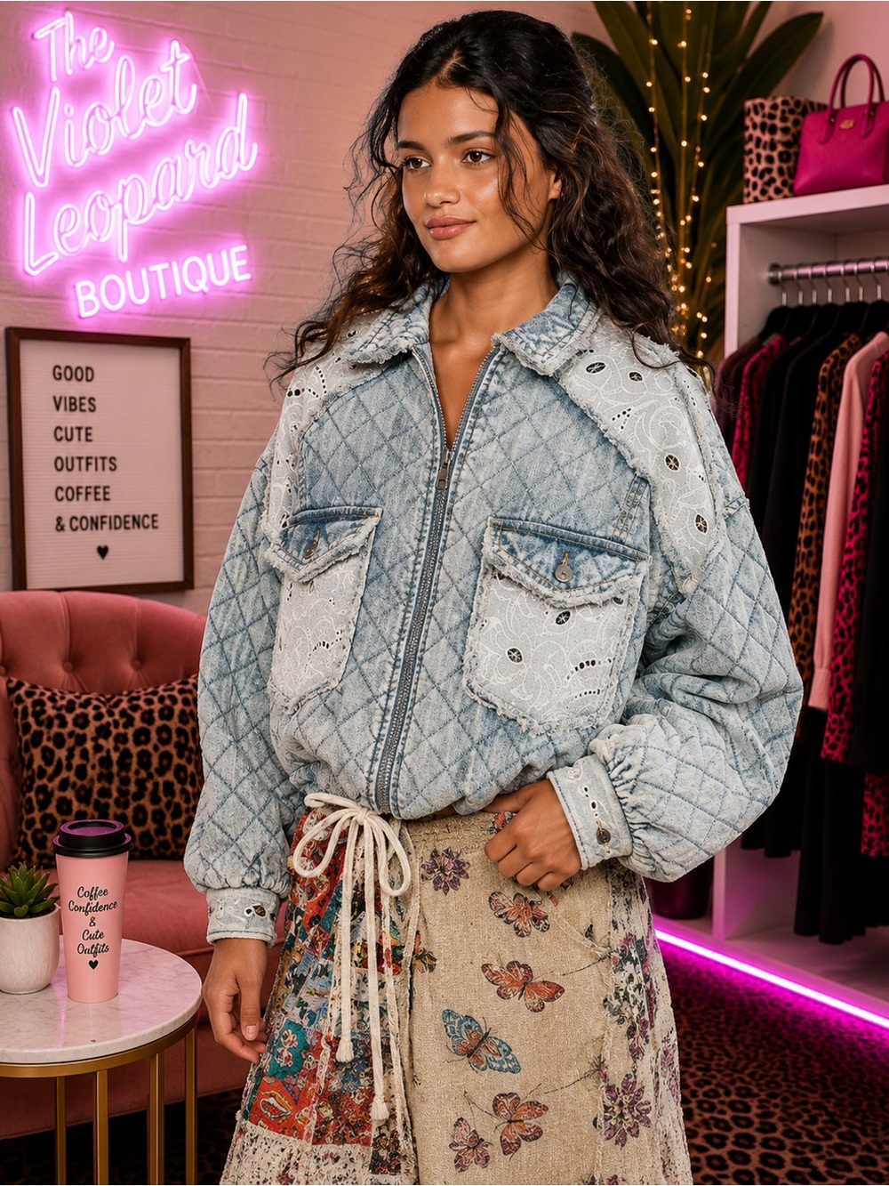 POL Quilted Light Blue Lace-Trim Jean Jacket
